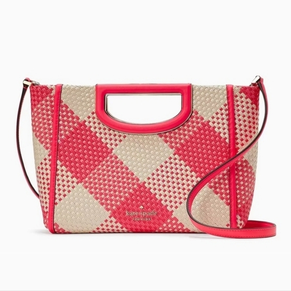 🔹️ Kate Spade 🔹️Alexia Gingham Woven Straw Clutch Crossbody, Wild Rose Pink ✨️ - Picture 1 of 6